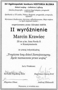 Wyróżnienie za pracę indywidualną Marcina Krawca